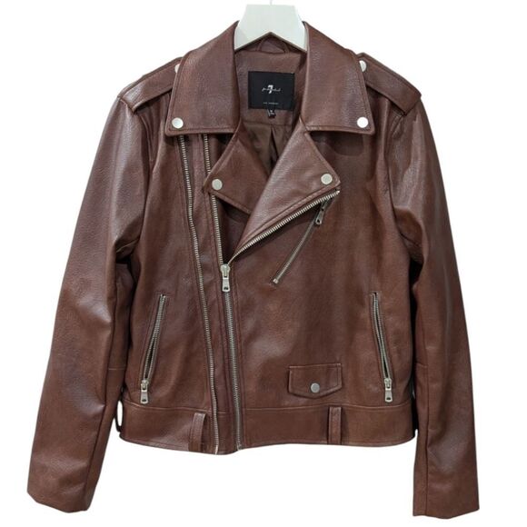 7 For All Mankind Women's M Brown Faux Leather Moto Jacket